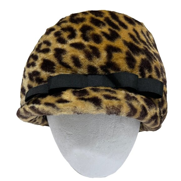 Vintage 60s Leopard Faux Fur Pillbox Hat Billed One Size Gross Grain Ribbon MOD - Picture 1 of 7